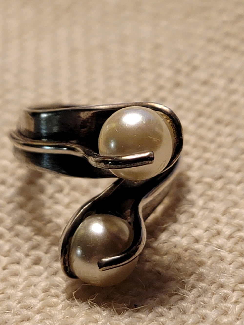 Vtg Sterling Wrap Ring with Two White Pearls